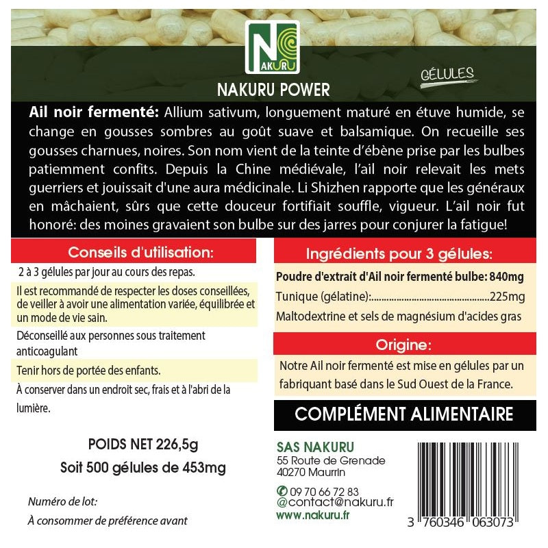 NAKURU Ail Noir Fermenté — 500 gélules — Étiquette dos
