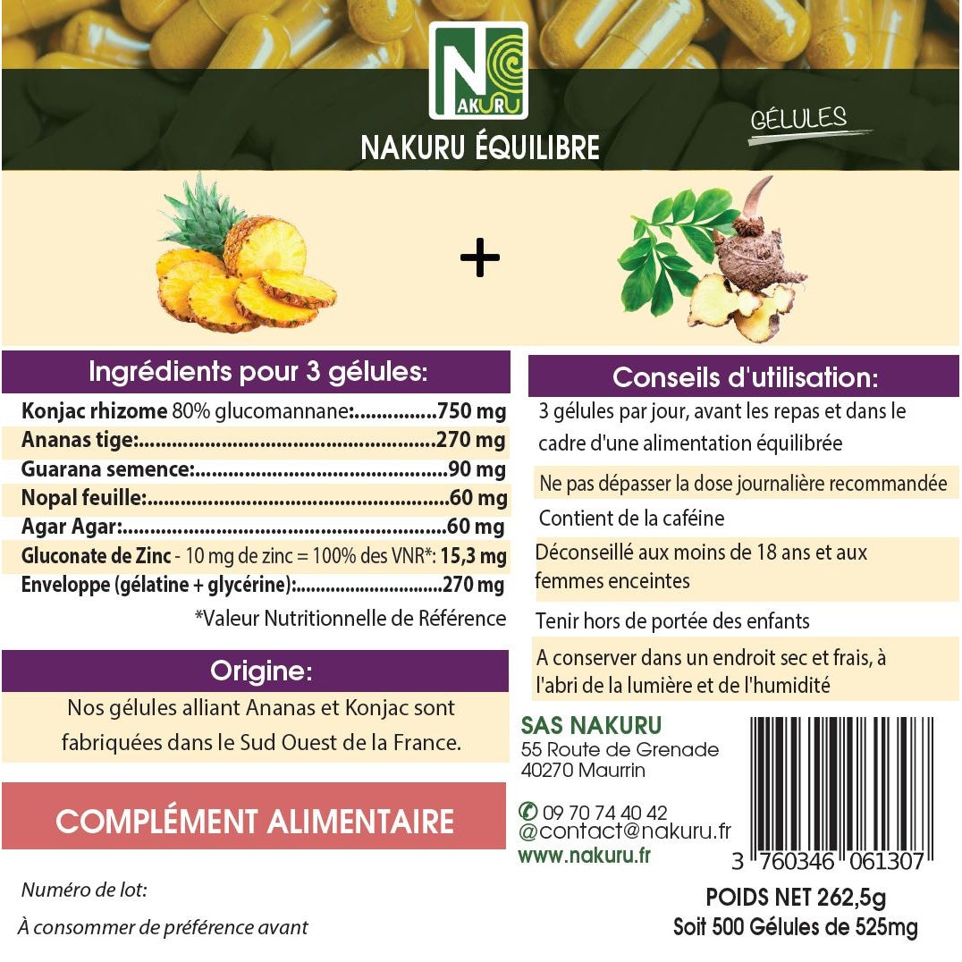 NAKURU Ananas + Konjac — 500 gélules — Étiquette dos