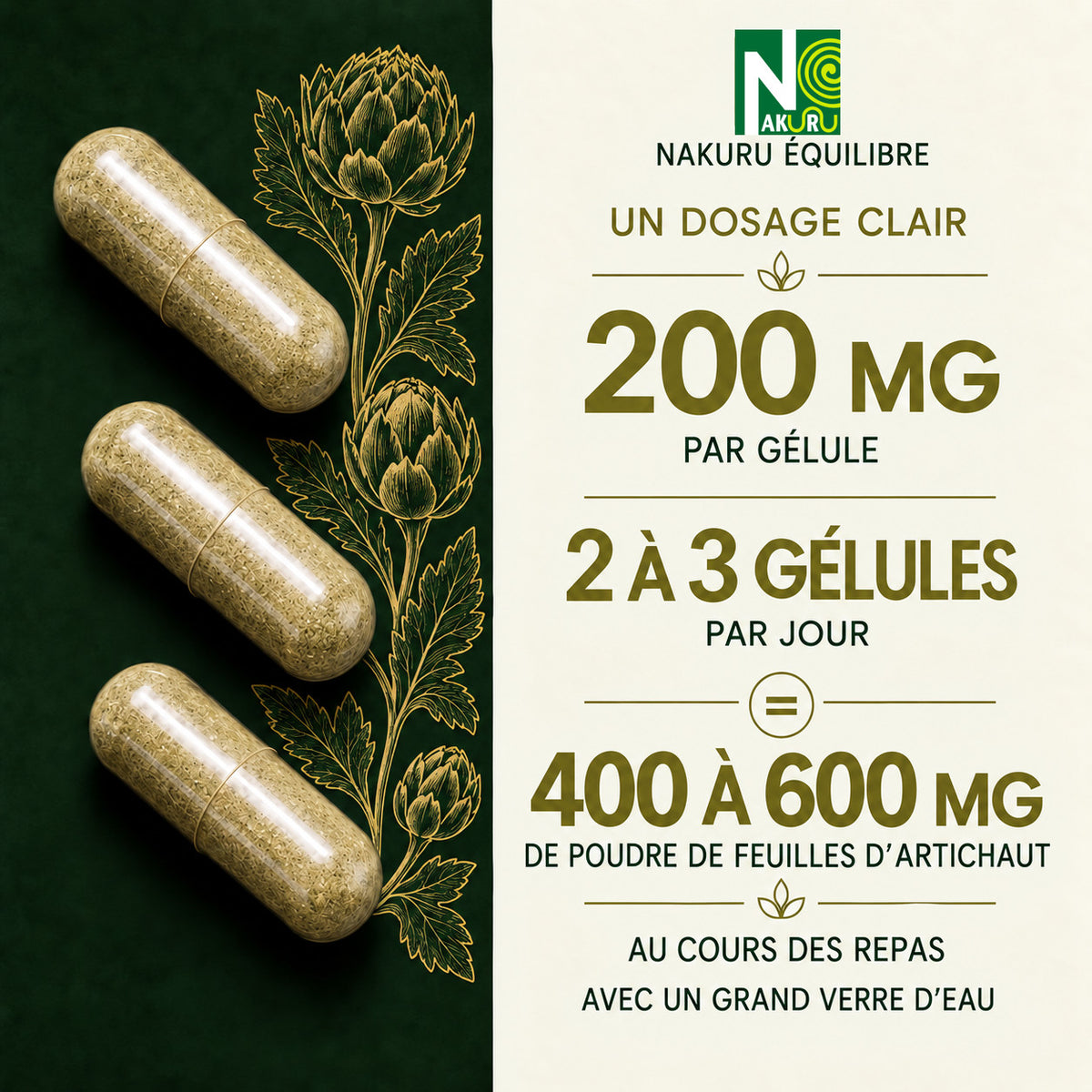 NAKURU Artichaut — 500 gélules — Dosage