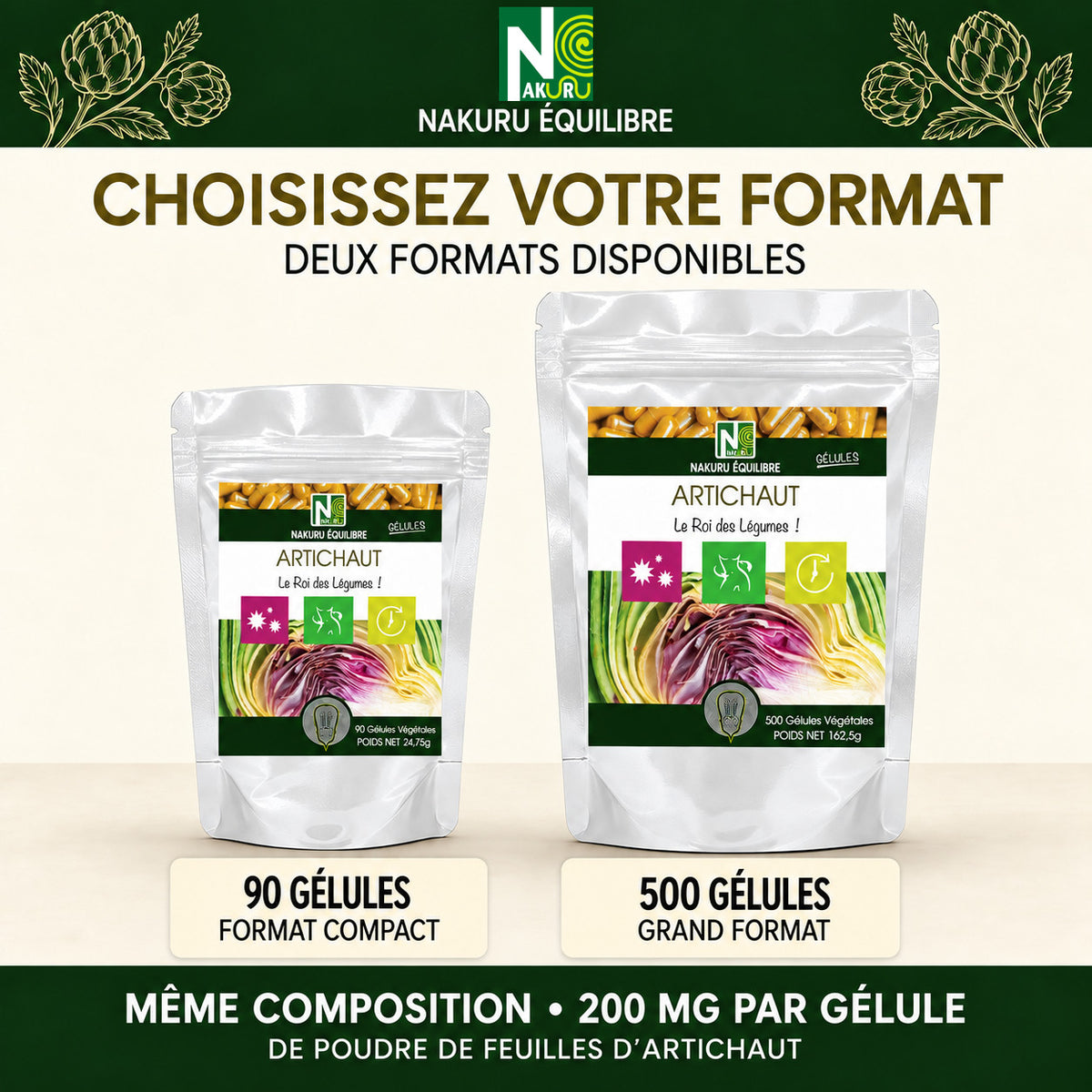 NAKURU Artichaut — 500 gélules — Comparatif formats
