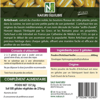 NAKURU Artichaut — 500 gélules — Étiquette dos