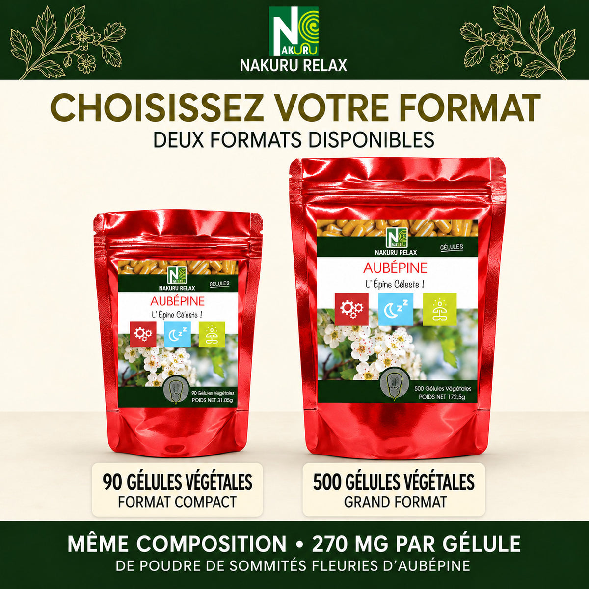 NAKURU Aubépine — 500 gélules — Comparatif formats
