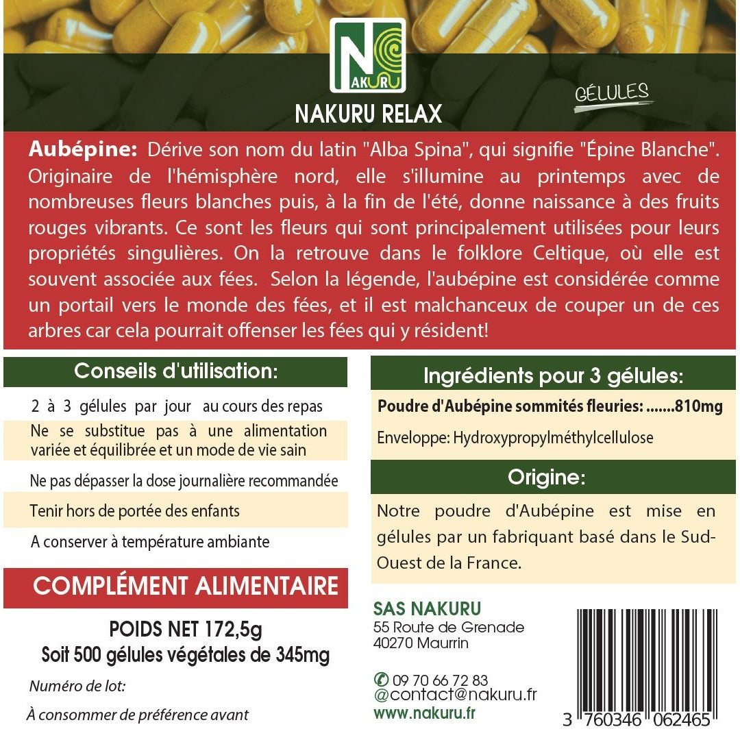 NAKURU Aubépine — 500 gélules — Étiquette dos