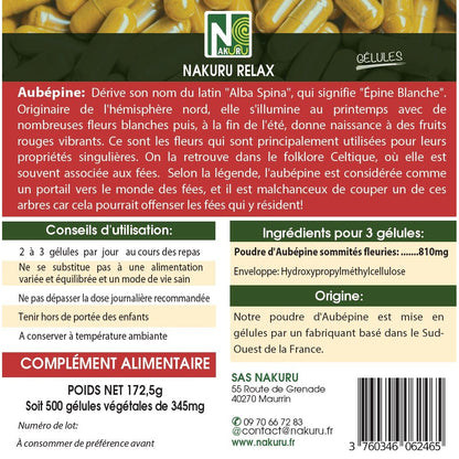 NAKURU Aubépine — 500 gélules — Étiquette dos