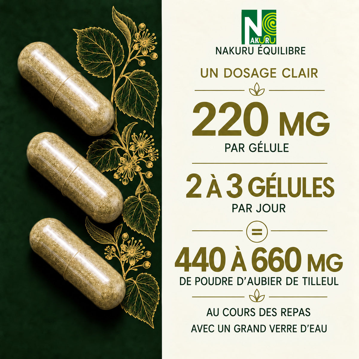 NAKURU Aubier de Tilleul — 500 gélules — Dosage