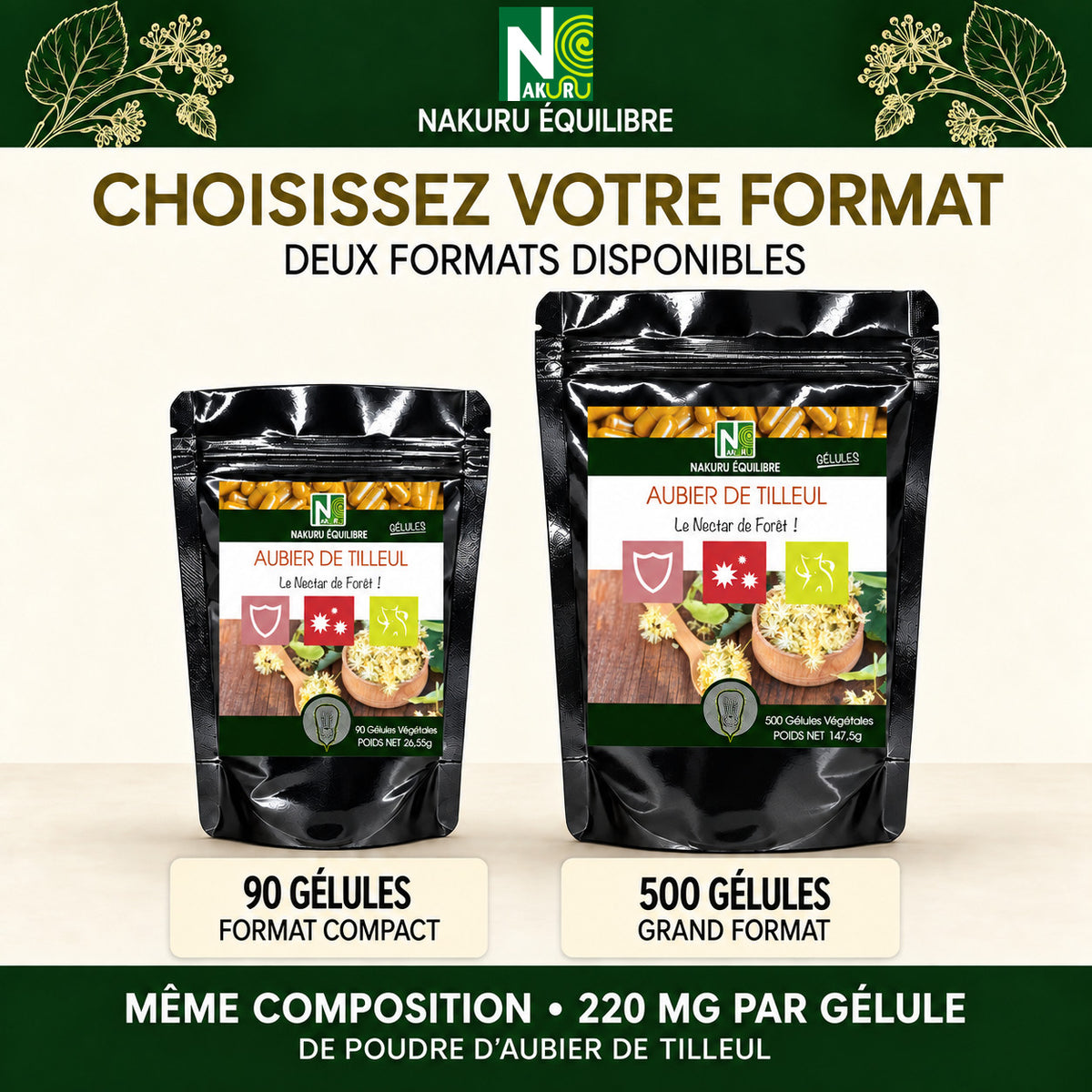 NAKURU Aubier de Tilleul — 500 gélules — Comparatif formats