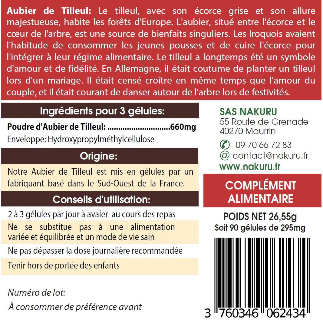 NAKURU Aubier de Tilleul — 90 gélules — Étiquette dos
