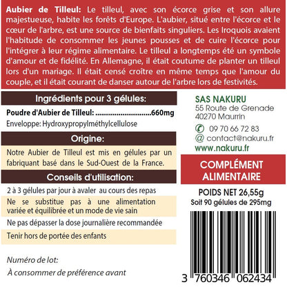 NAKURU Aubier de Tilleul — 90 gélules — Étiquette dos