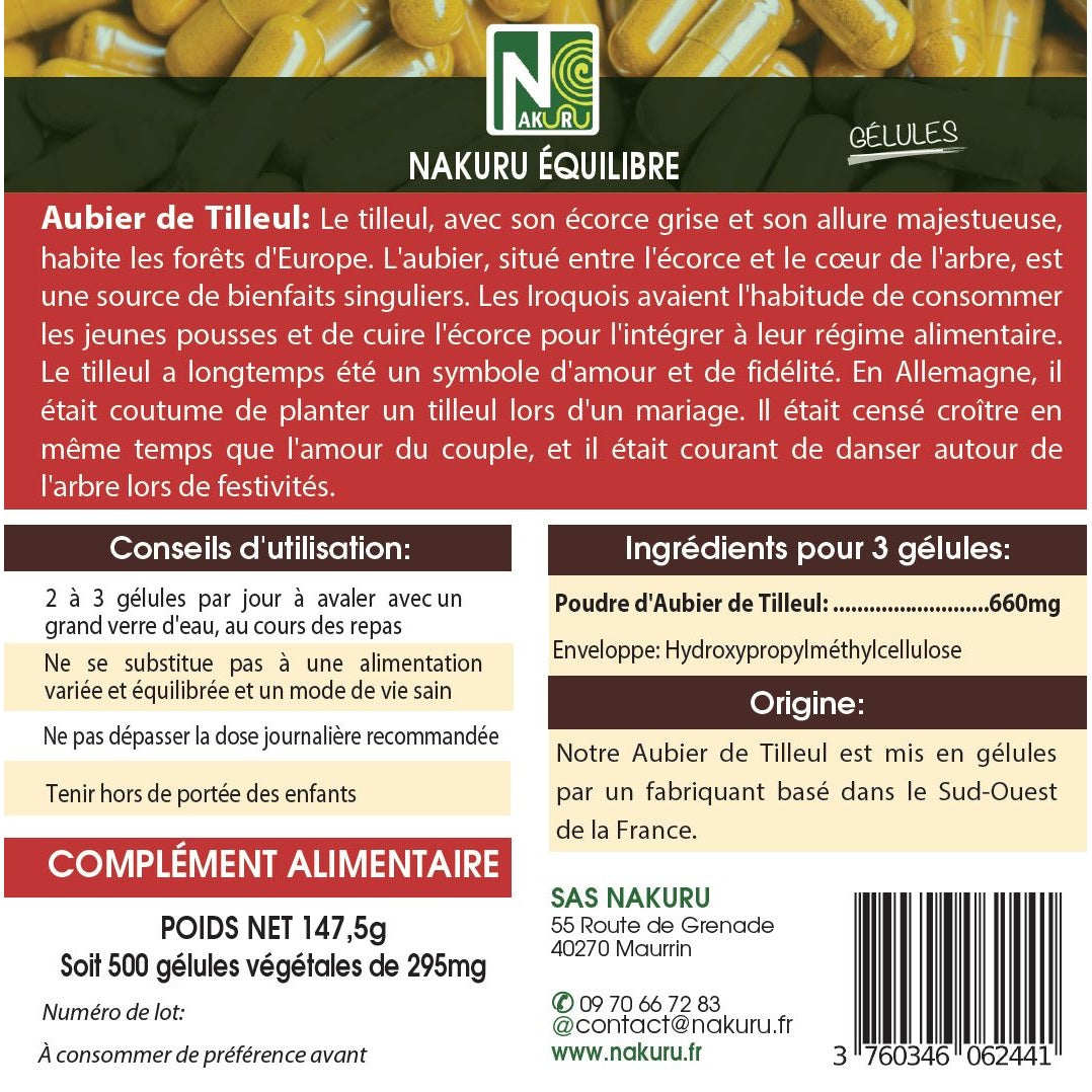 NAKURU Aubier de Tilleul — 500 gélules — Étiquette dos