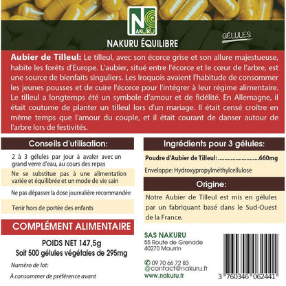 NAKURU Aubier de Tilleul — 500 gélules — Étiquette dos