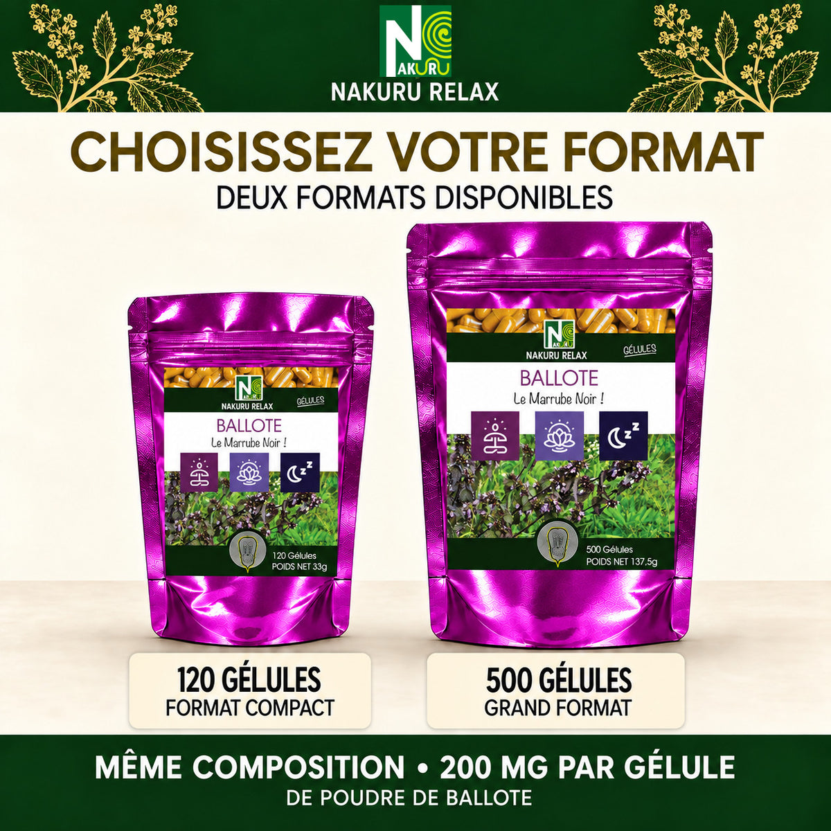 NAKURU Ballote — 500 gélules — Comparatif formats