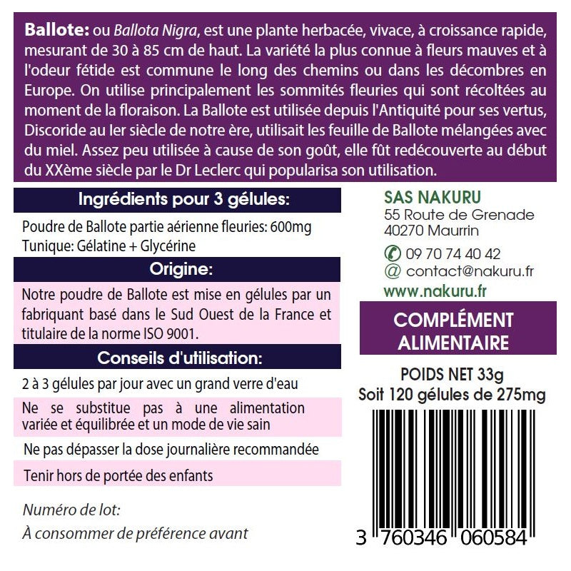 NAKURU Ballote — 120 gélules — Étiquette dos