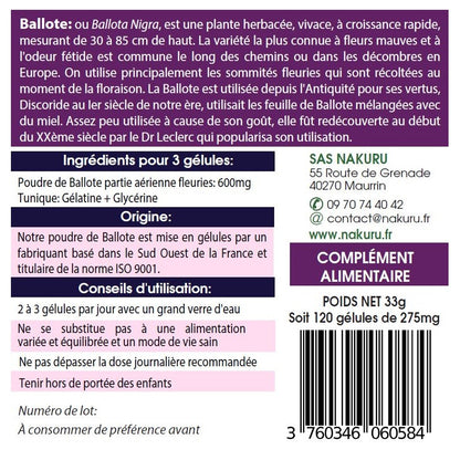 NAKURU Ballote — 120 gélules — Étiquette dos