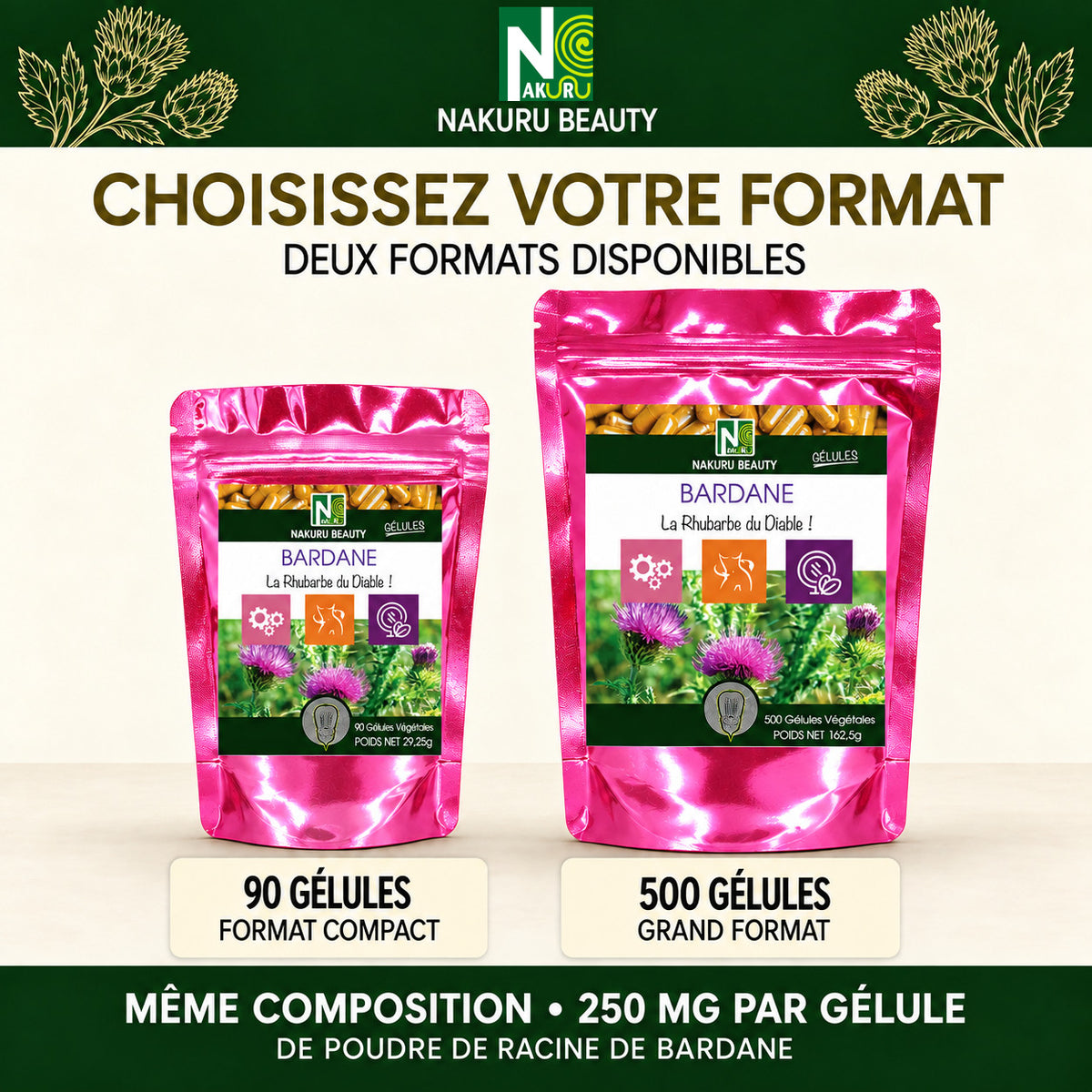 NAKURU Bardane — 500 gélules — Comparatif formats
