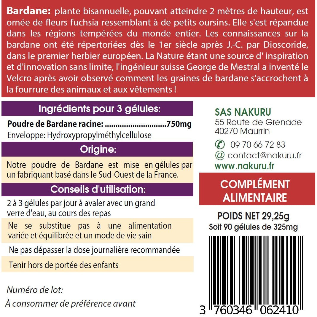 NAKURU Bardane — 90 gélules — Étiquette dos