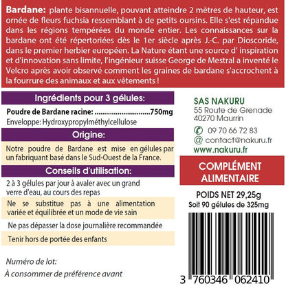 NAKURU Bardane — 90 gélules — Étiquette dos