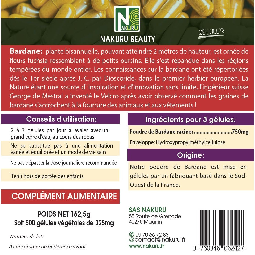NAKURU Bardane — 500 gélules — Étiquette dos