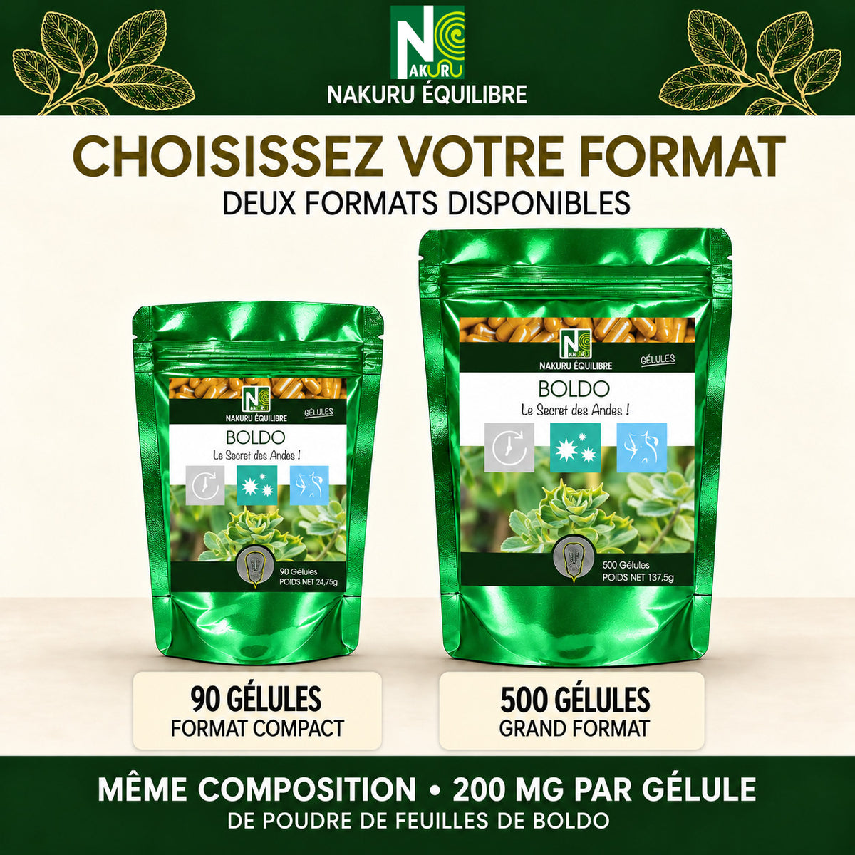NAKURU Boldo — 500 gélules — Comparatif formats