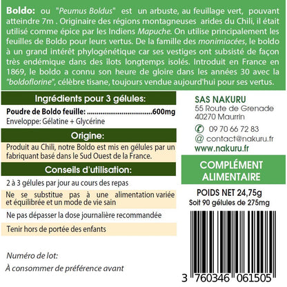 NAKURU Boldo — 90 gélules — Étiquette dos