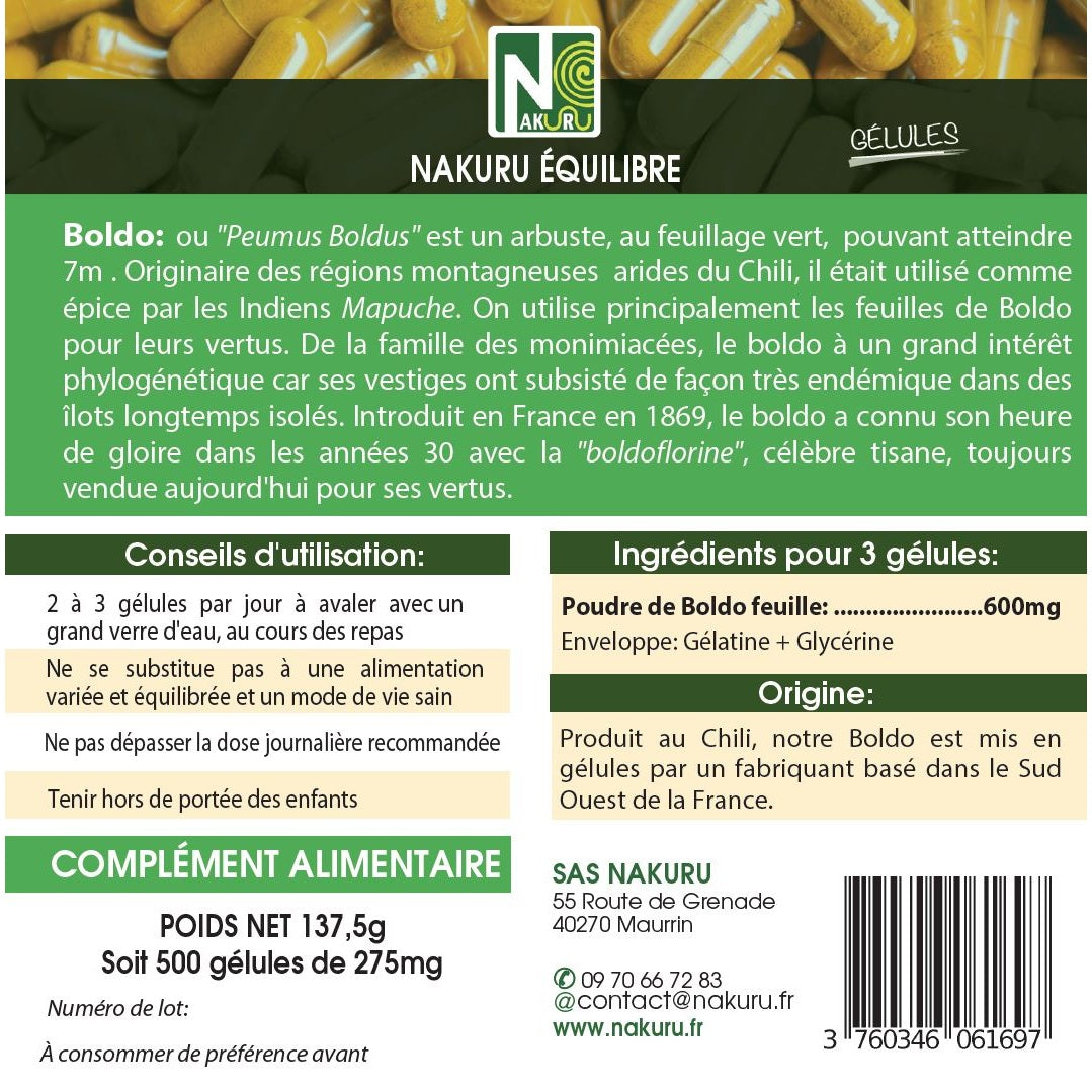 NAKURU Boldo — 500 gélules — Étiquette dos