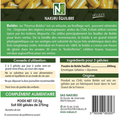 NAKURU Boldo — 500 gélules — Étiquette dos
