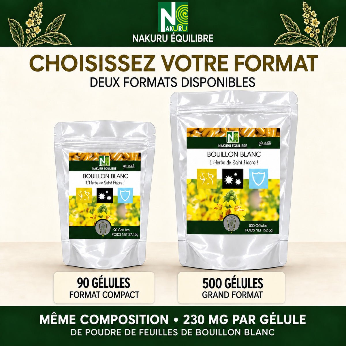 NAKURU Bouillon Blanc — 500 gélules — Comparatif formats