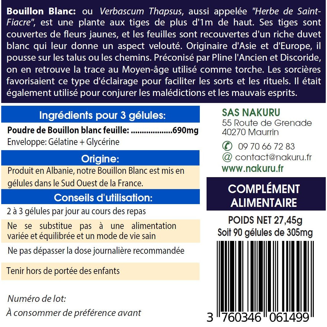 NAKURU Bouillon Blanc — 90 gélules — Étiquette dos