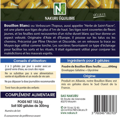 NAKURU Bouillon Blanc — 500 gélules — Étiquette dos