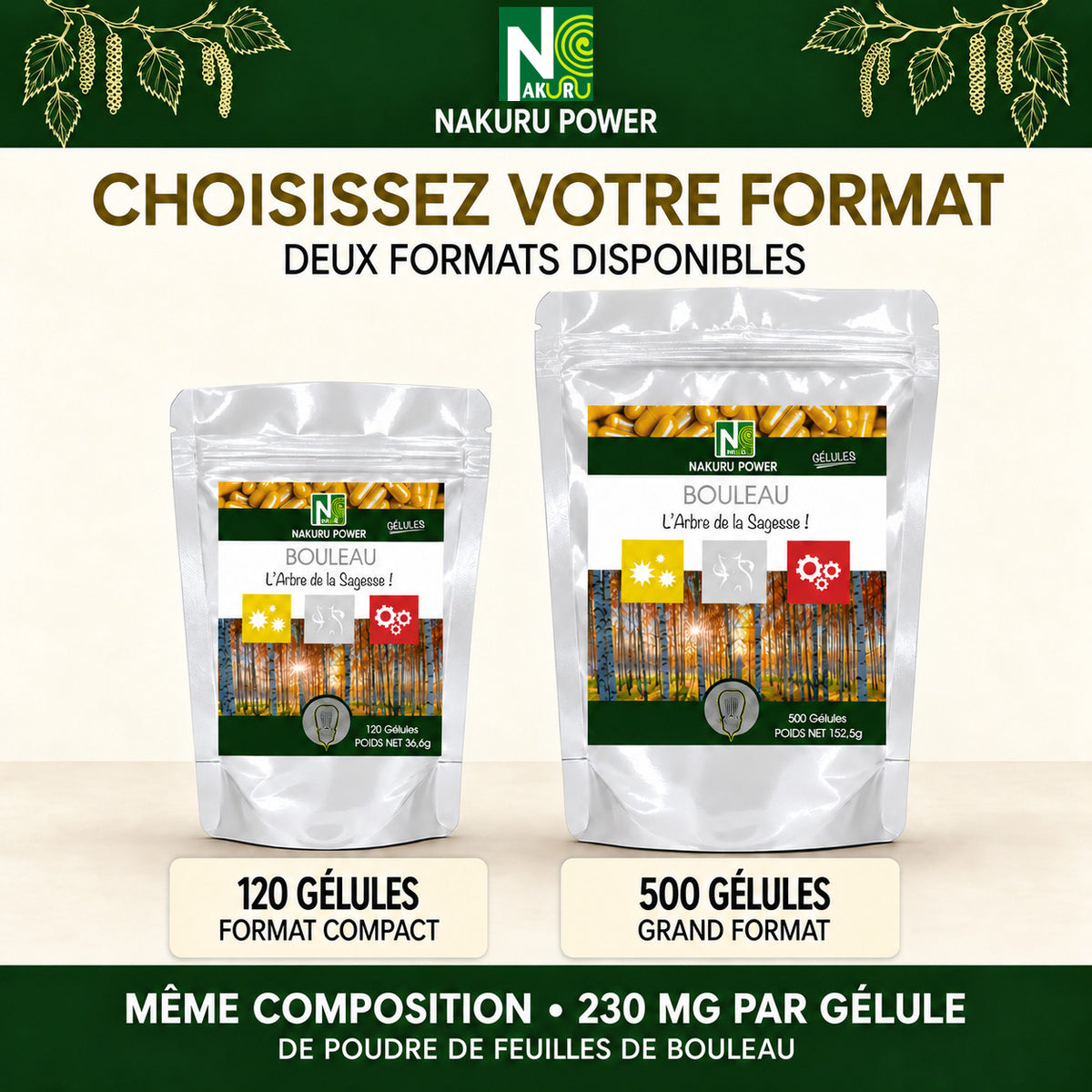 NAKURU Bouleau — 500 gélules — Comparatif formats
