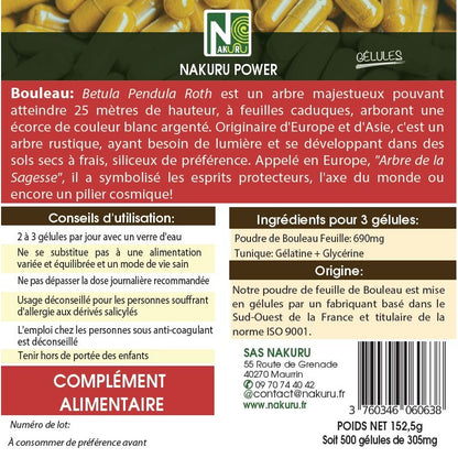 NAKURU Bouleau — 500 gélules — Étiquette dos