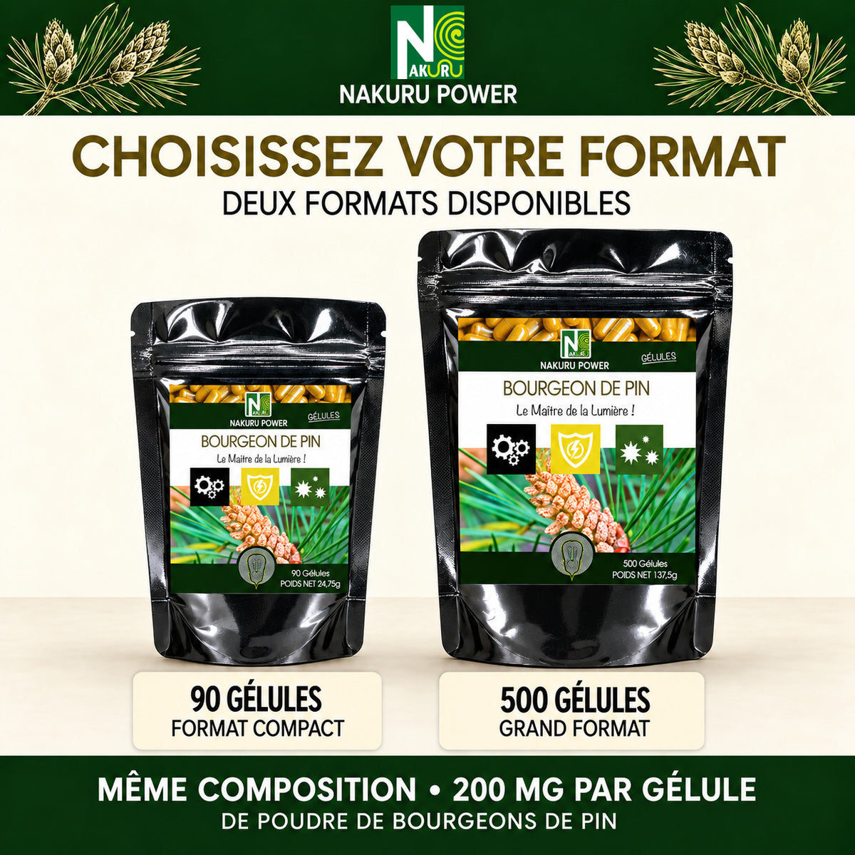 NAKURU Bourgeon de Pin — 500 gélules — Comparatif formats