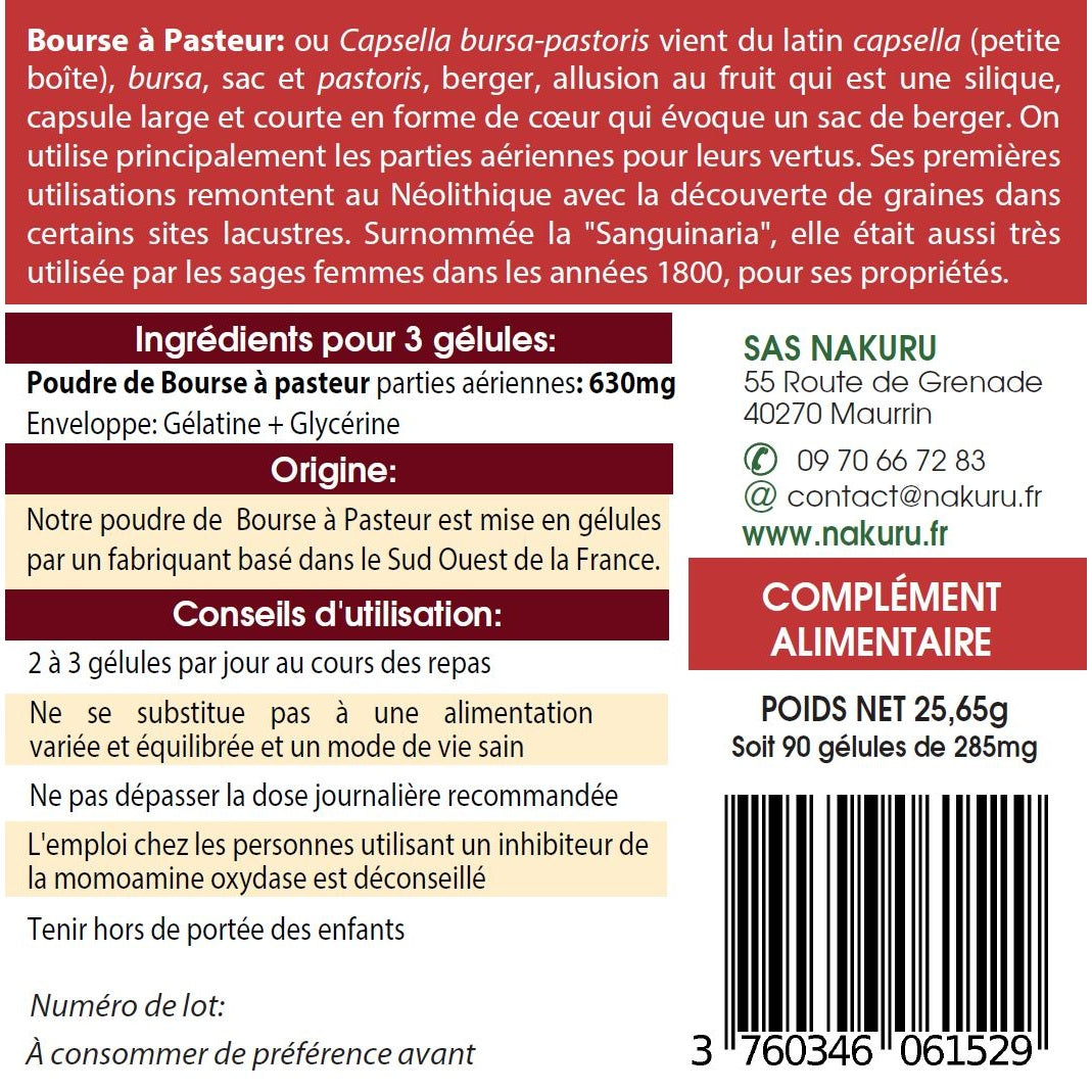 NAKURU Bourse à Pasteur — 90 gélules — Étiquette dos