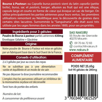 NAKURU Bourse à Pasteur — 90 gélules — Étiquette dos