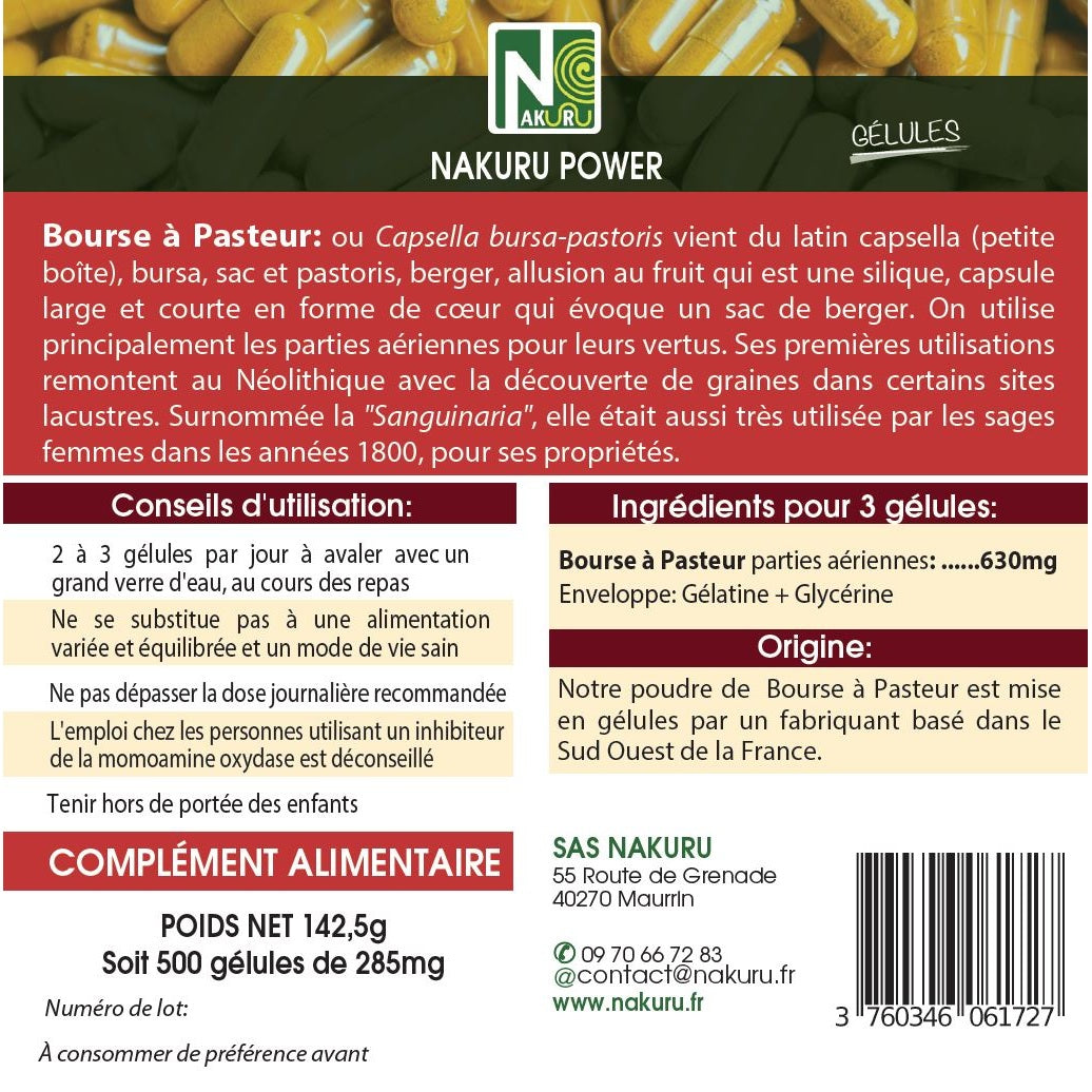 NAKURU Bourse à Pasteur — 500 gélules — Étiquette dos
