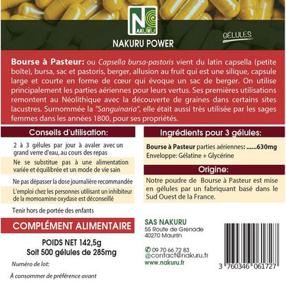 NAKURU Bourse à Pasteur — 500 gélules — Étiquette dos