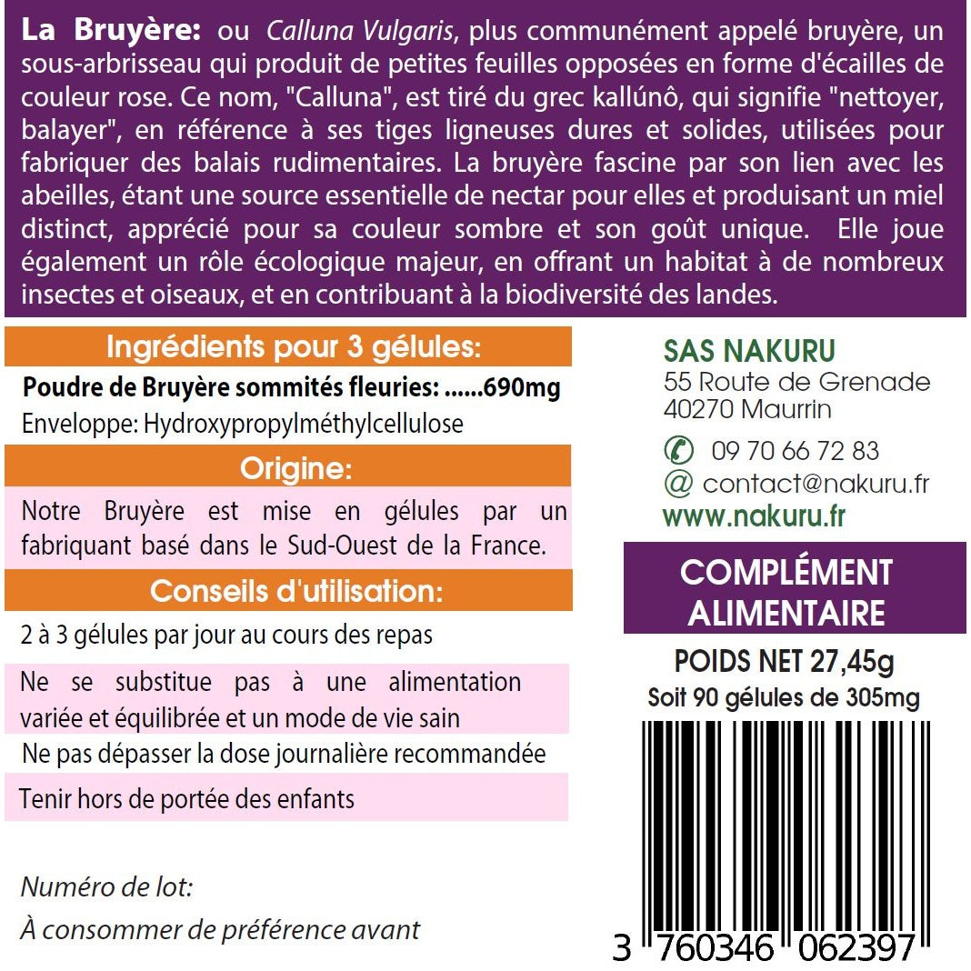 NAKURU Bruyère — 90 gélules — Étiquette dos