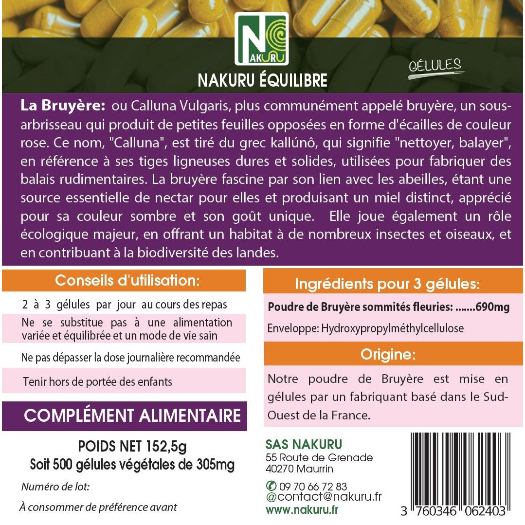 NAKURU Bruyère — 500 gélules — Étiquette dos