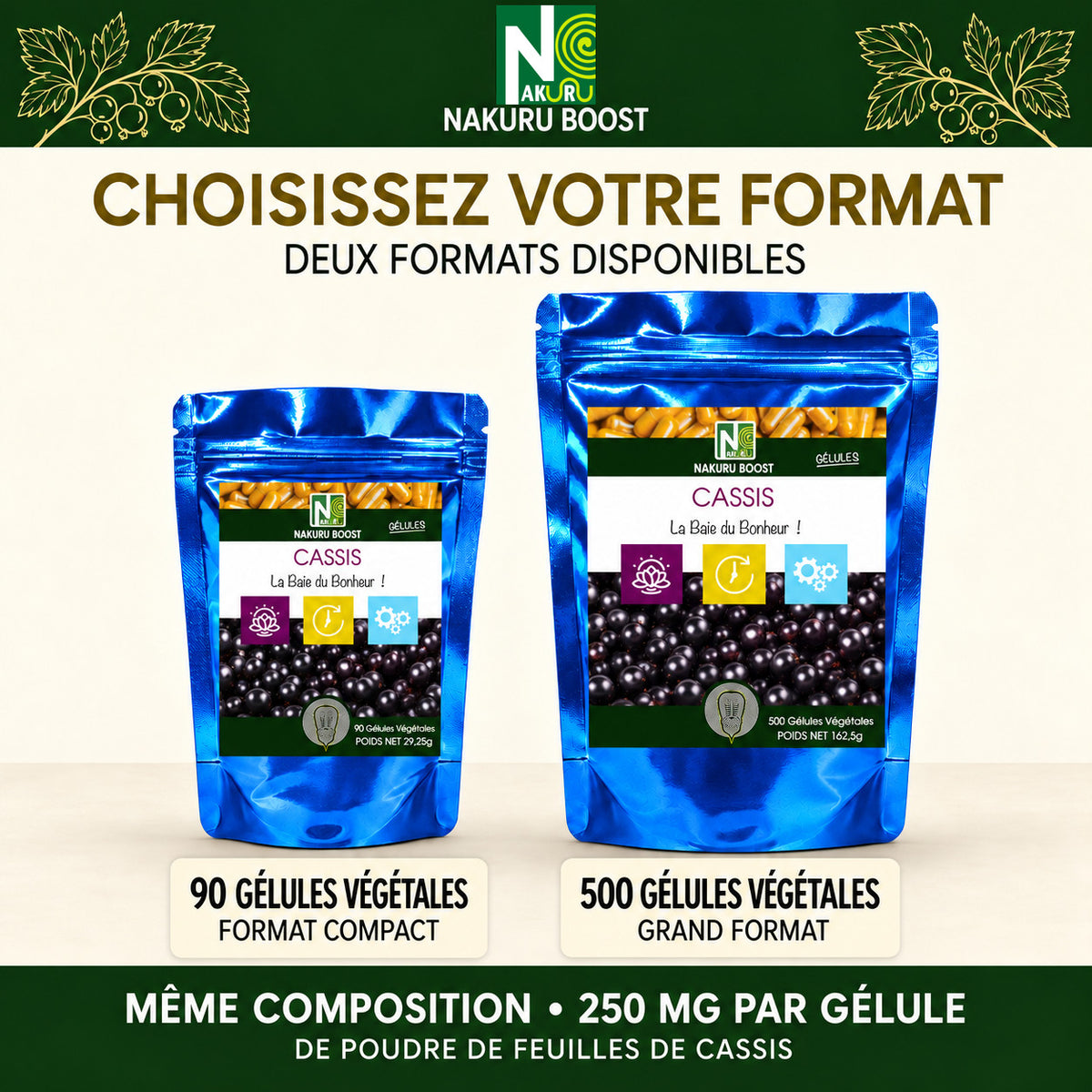 NAKURU Cassis — 500 gélules — Comparatif formats