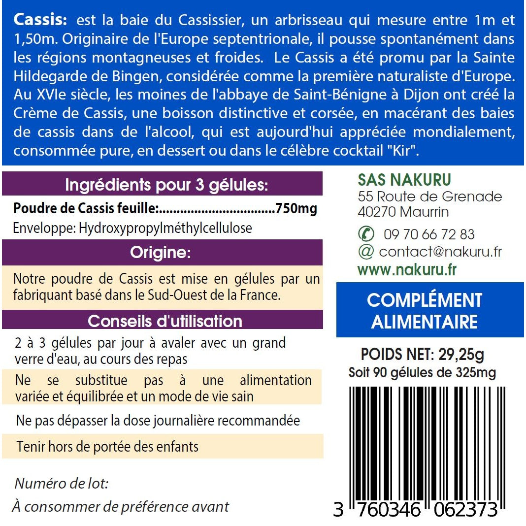 NAKURU Cassis — 90 gélules — Étiquette dos