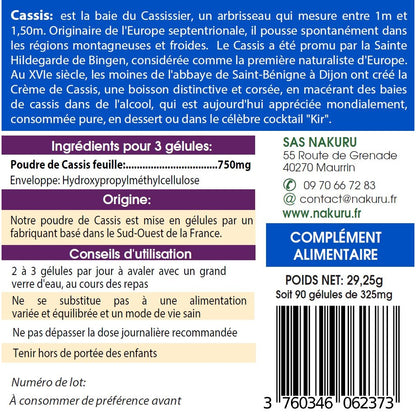 NAKURU Cassis — 90 gélules — Étiquette dos