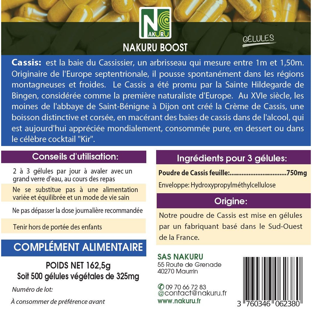 NAKURU Cassis — 500 gélules — Étiquette dos