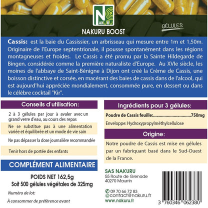 NAKURU Cassis — 500 gélules — Étiquette dos