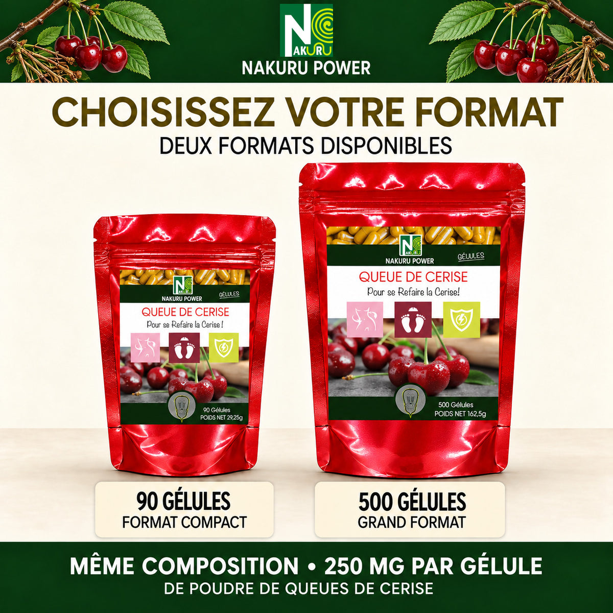 NAKURU Cerise Queue — 500 gélules — Comparatif formats