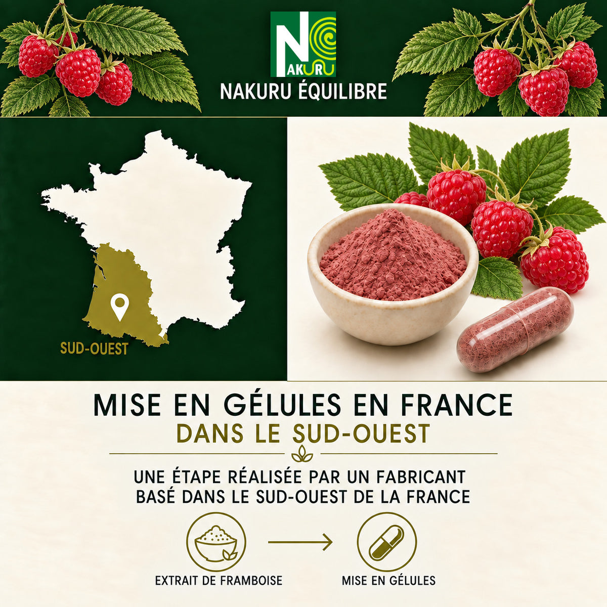 NAKURU Cétone de Framboise — 500 gélules — Fabrication
