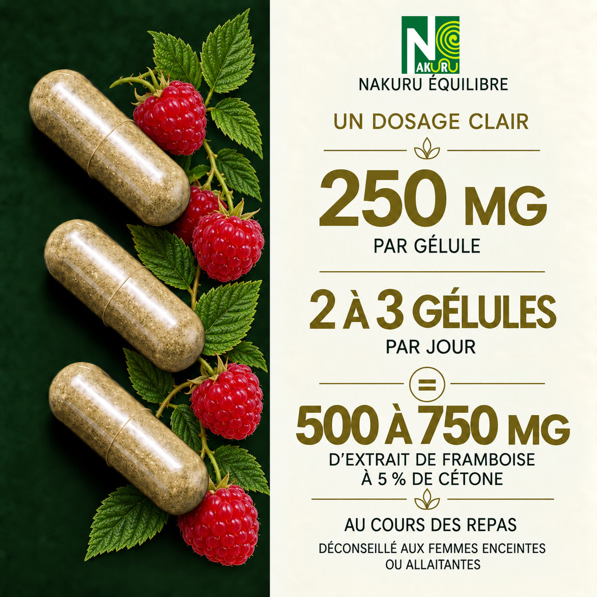 NAKURU Cétone de Framboise — 500 gélules — Dosage