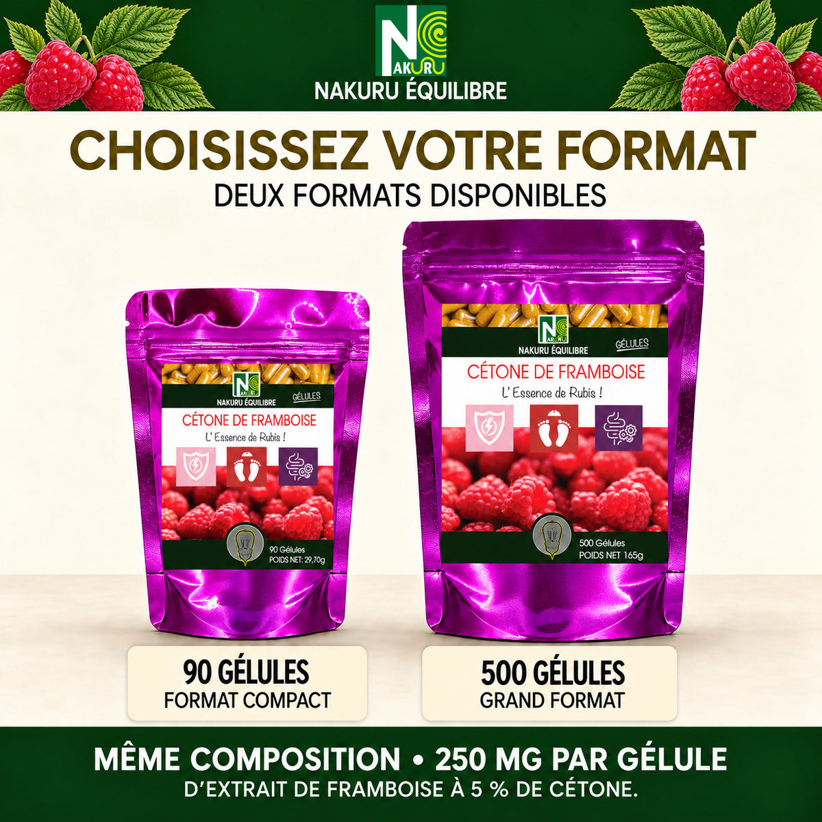 NAKURU Cétone de Framboise — 500 gélules — Comparatif formats