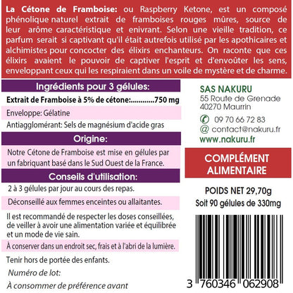 NAKURU Cétone de Framboise — 90 gélules — Étiquette dos