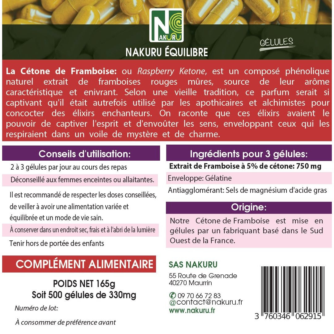 NAKURU Cétone de Framboise — 500 gélules — Étiquette dos