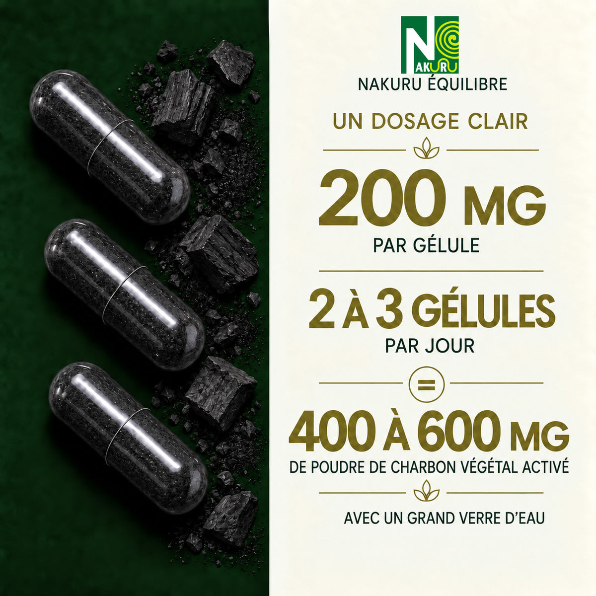 NAKURU Charbon Végétal — 500 gélules — Dosage