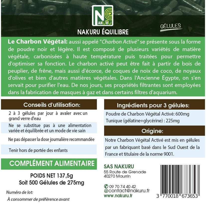 NAKURU Charbon Végétal — 500 gélules — Étiquette dos